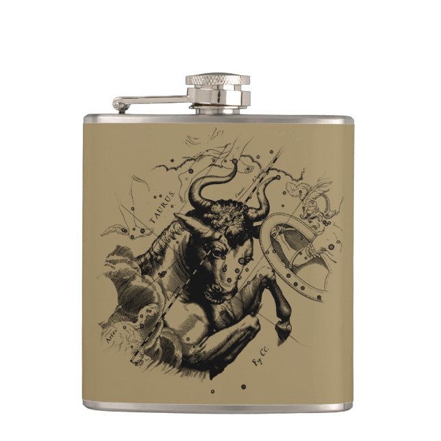 Taurus Zodiac Constellation Hevelius 1690 on Taupe Flask (Front)
