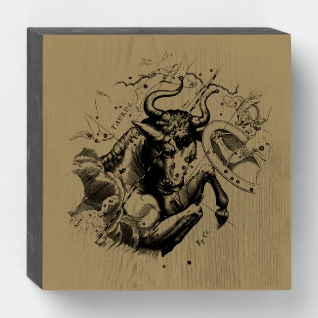 Taurus Zodiac Constellation Hevelius 1690 on Taupe Wooden Box Sign (Front Horizontal)