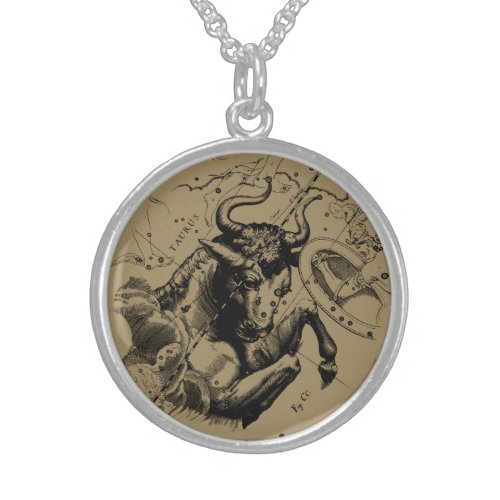 Taurus Zodiac Constellation Map Hevelius 1690 Sterling Silver Necklace