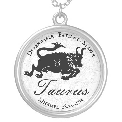 Taurus Zodiac Custom Black White Astrology Traits Silver Plated Necklace