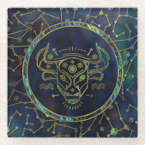 Taurus Zodiac Gold Abalone on Constellation Glass Coaster