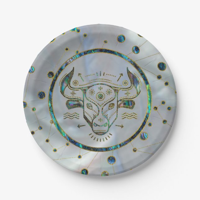 Taurus Zodiac Gold Abalone on Constellation Paper Plates (Front)