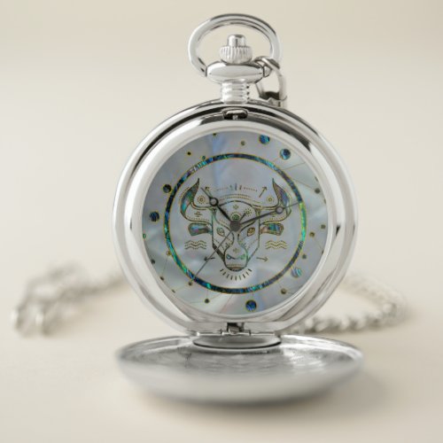 Taurus Zodiac Gold Abalone on Constellation Pocket Watch