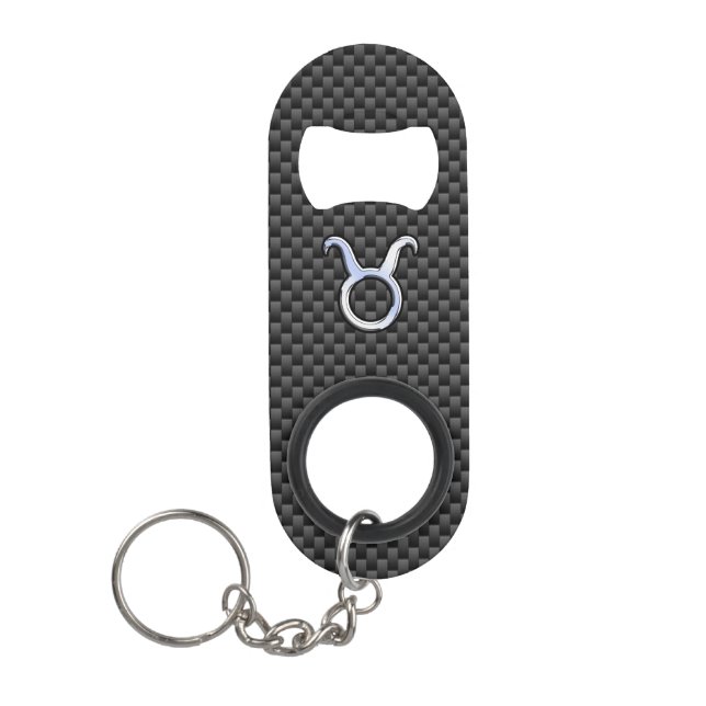 Taurus Zodiac on Charcoal Carbon Fiber Print Keychain Bottle Opener (Front)