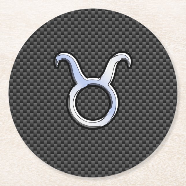 Taurus Zodiac on Charcoal Carbon Fiber Print Round Paper Coaster (Front)