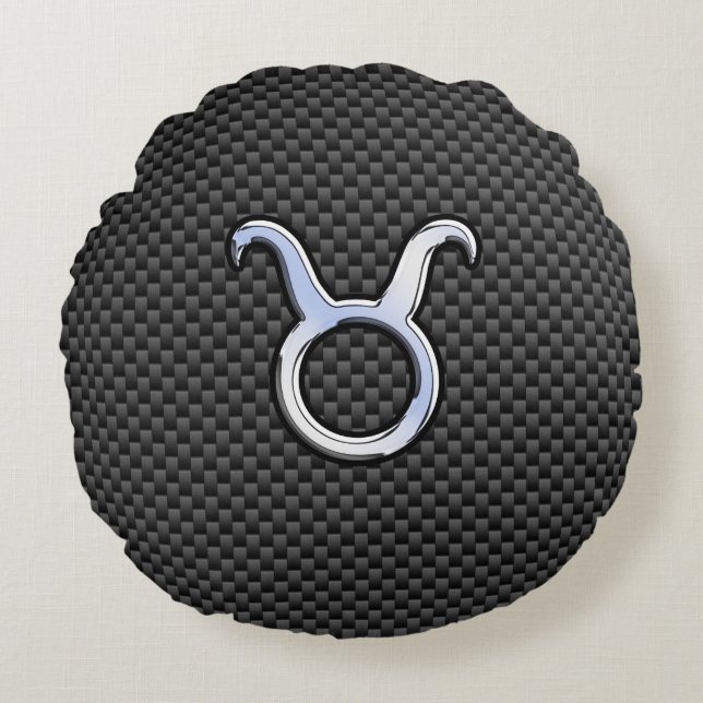 Taurus Zodiac on Charcoal Carbon Fiber Print Round Pillow (Front)