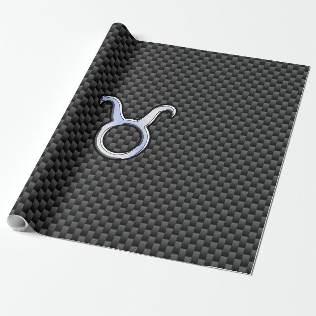 Taurus Zodiac on Charcoal Carbon Fiber Print Wrapping Paper (Unrolled)