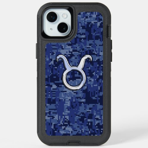 Taurus Zodiac on Navy Blue Digital Camo iPhone 15 Plus Case