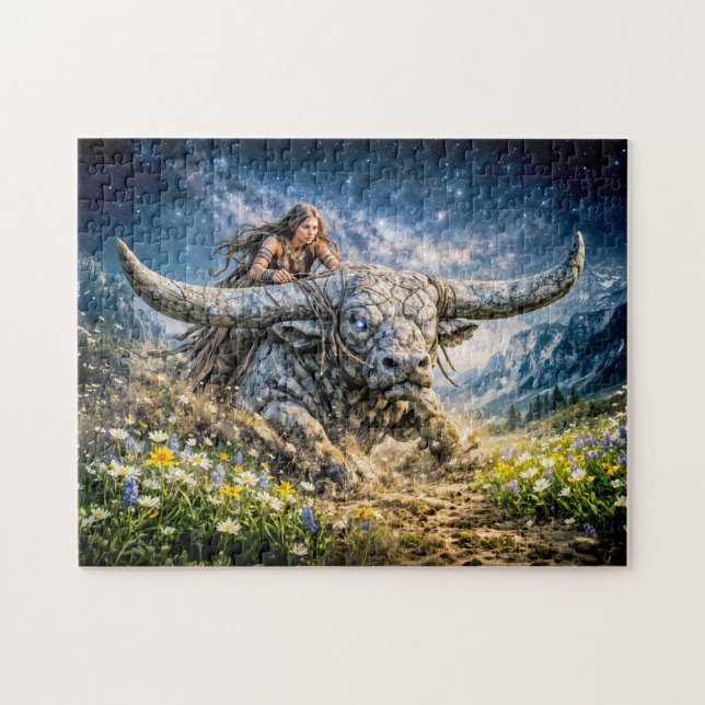 Taurus Zodiac Riding a Mystical Horned Beast Jigsaw Puzzle (Horizontal)