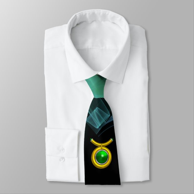 TAURUS ZODIAC SIGN ,BLUE GREEN FRACTAL SWIRLS NECK TIE (Tied)