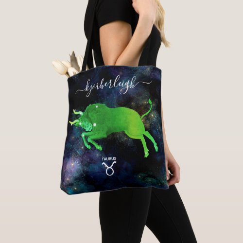 Taurus Zodiac Sign Cosmic Monogram Name Green Gray Tote Bag