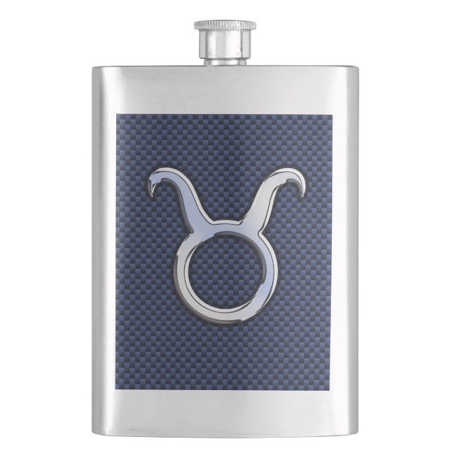 Taurus Zodiac Sign Decor Navy Blue Carbon Fiber Flask (Front)