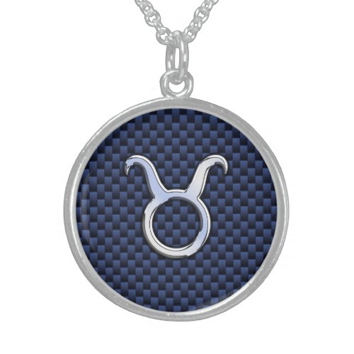 Taurus Zodiac Sign Decor Navy Blue Carbon Fiber Sterling Silver Necklace