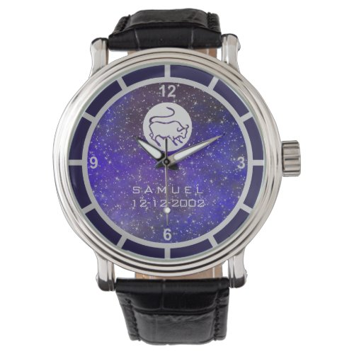 Taurus Zodiac Sign Elegant Custom Name Birth Date Watch