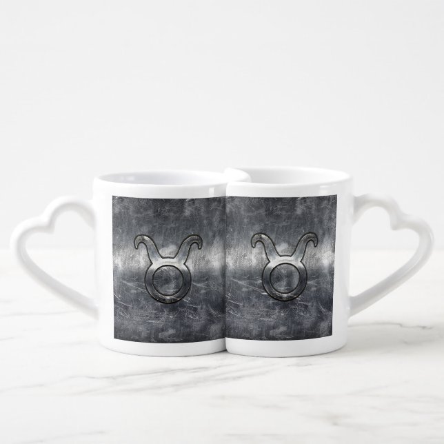 Taurus Zodiac Sign Grunge Distressed Silver Style Coffee Mug Set (Front Nesting)