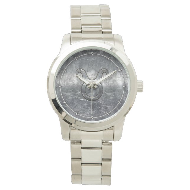 Taurus Zodiac Sign Grunge Distressed Silver Style Watch (Front)