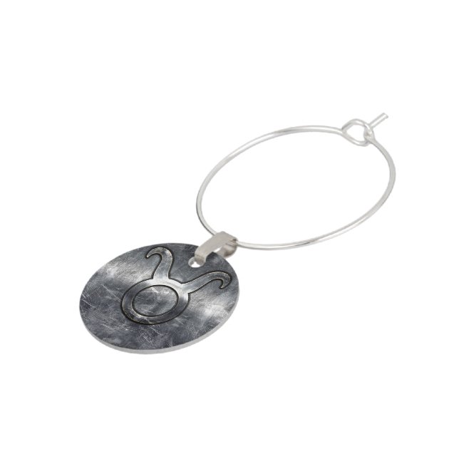 Taurus Zodiac Sign Grunge Distressed Silver Style Wine Charm (Side)