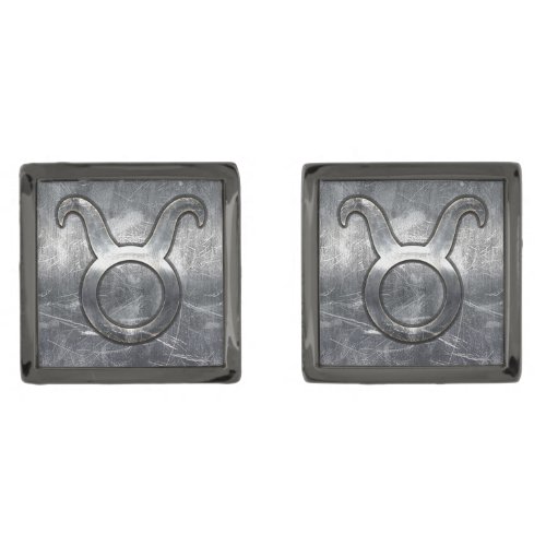 Taurus Zodiac Sign in Grunge Distressed Style Gunmetal Finish Cufflinks