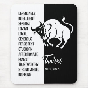 Taurus Zodiac Sign Mousepad, Black & White Mouse Pad