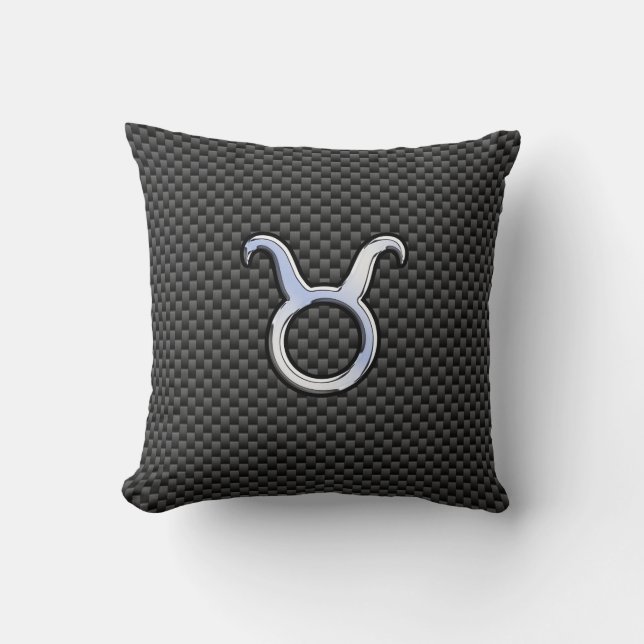 Taurus Zodiac Sign on Black Carbon Fiber Print Throw Pillow (Front)