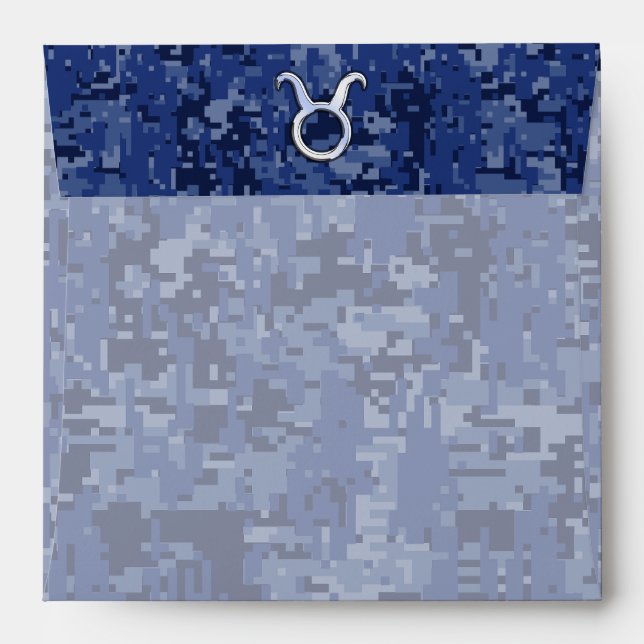 Taurus Zodiac Sign on Blue Digital Camouflage Envelope (Back (Top Flap))