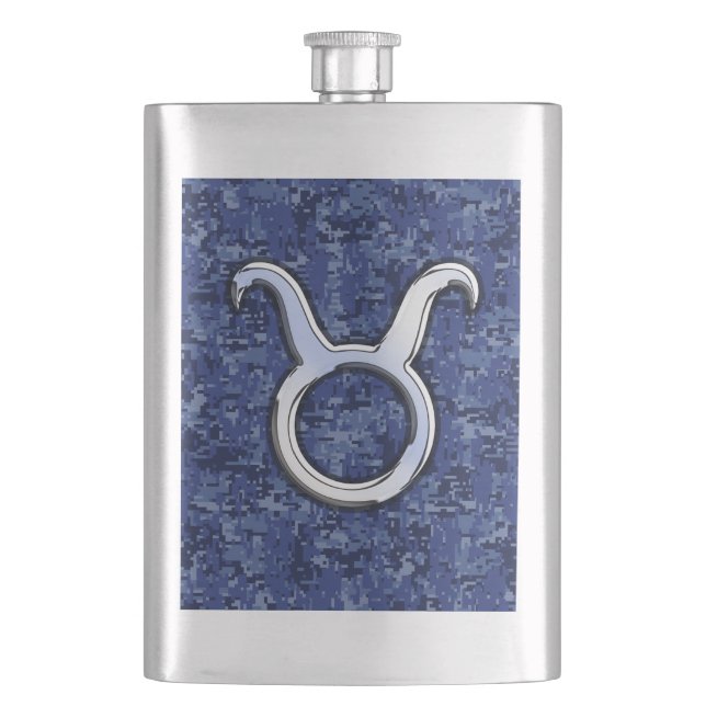 Taurus Zodiac Sign on Blue Digital Camouflage Hip Flask (Front)
