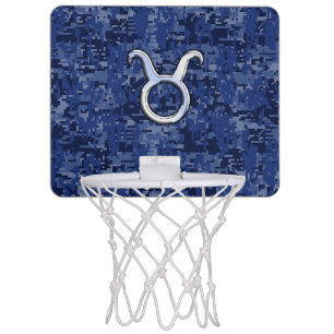 Taurus Zodiac Sign on Blue Digital Camouflage Mini Basketball Hoop
