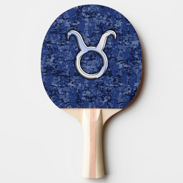 Taurus Zodiac Sign on Blue Digital Camouflage Ping-Pong Paddle (Back)