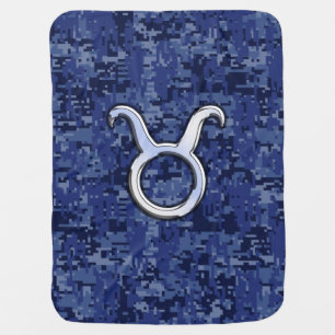 Taurus Zodiac Sign on Blue Digital Camouflage Receiving Blanket