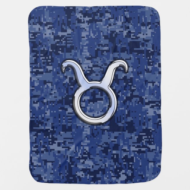 Taurus Zodiac Sign on Blue Digital Camouflage Receiving Blanket (Front)