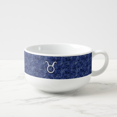 Taurus Zodiac Sign on Blue Digital Camouflage Soup Mug