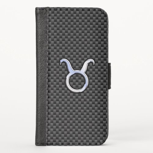 Taurus Zodiac Sign on Charcoal Carbon Fiber Print iPhone X Wallet Case