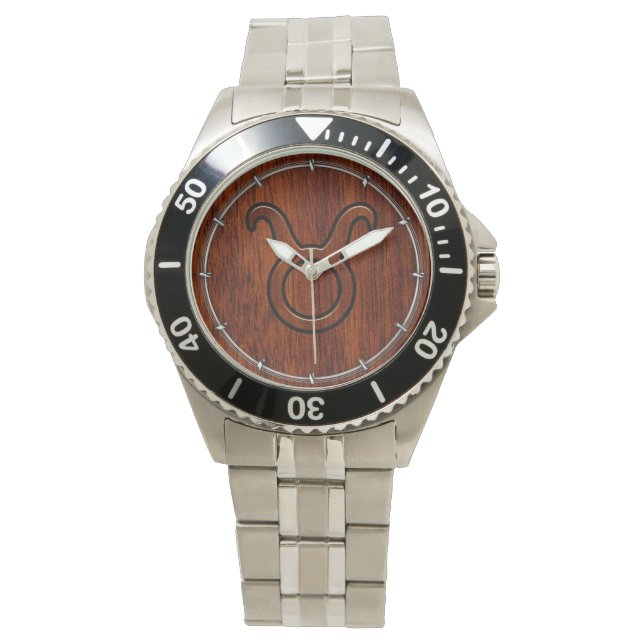 Taurus Zodiac Sign on Mahogany Style Watch (Front)