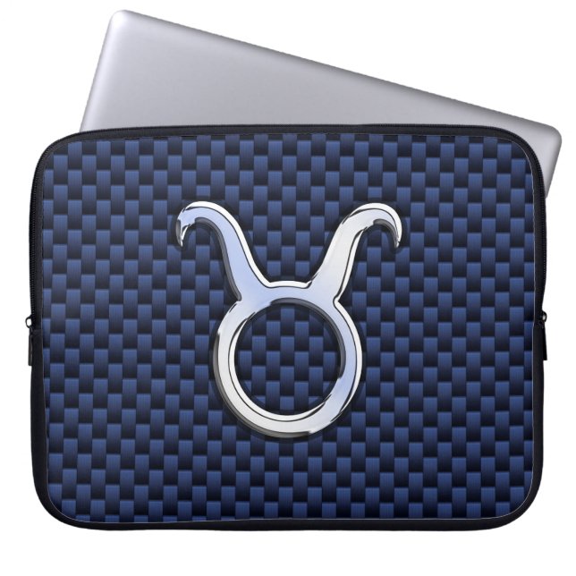 Taurus Zodiac Sign on Navy Blue Carbon Fiber Print Laptop Sleeve (Front)