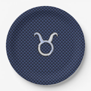 Taurus Zodiac Sign on Navy Blue Carbon Fiber Style Paper Plates