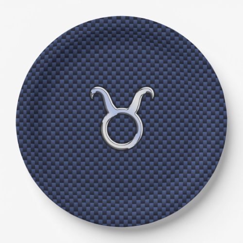Taurus Zodiac Sign on Navy Blue Carbon Fiber Style Paper Plates