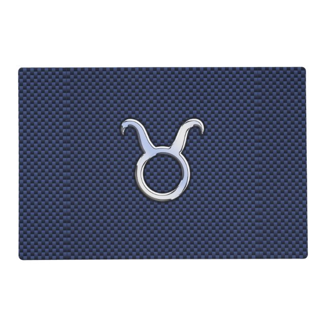 Taurus Zodiac Sign on Navy Blue Carbon Fiber Style Placemat (Front)