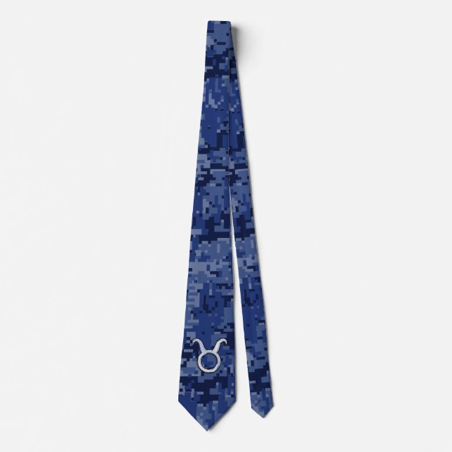 Taurus Zodiac Sign on Navy Blue Digital Camo Neck Tie (Front)
