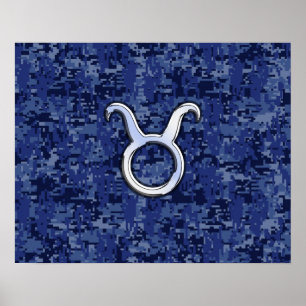 Taurus Zodiac Sign on Navy Blue Digital Camouflage