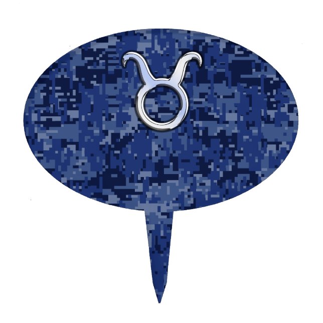 Taurus Zodiac Sign on Navy Blue Digital Camouflage Cake Topper (Front)