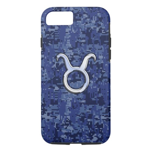 Taurus Zodiac Sign on Navy Blue Digital Camouflage iPhone 87 Case