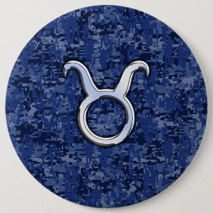 Taurus Zodiac Sign on Navy Blue Digital Camouflage Pinback Button