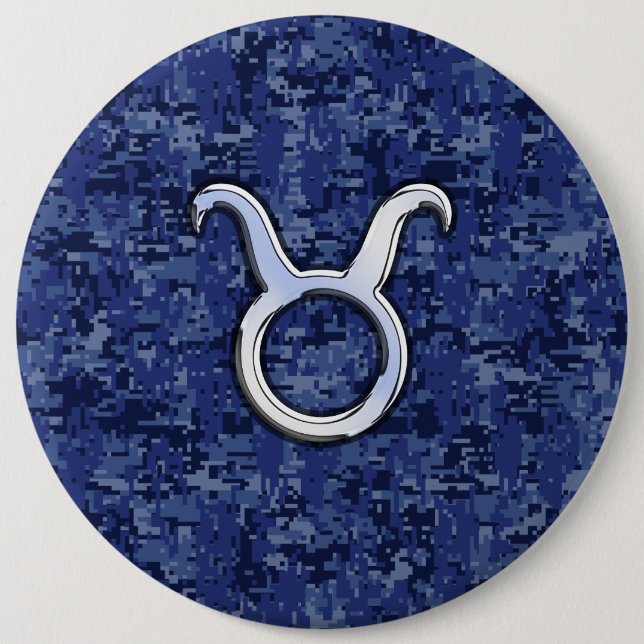 Taurus Zodiac Sign on Navy Blue Digital Camouflage Pinback Button (Front)