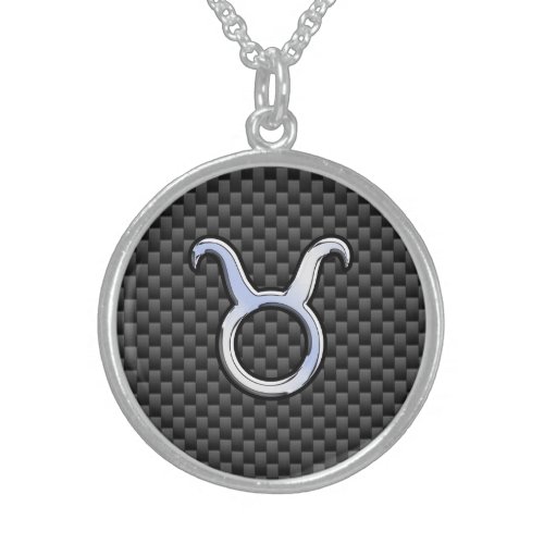 Taurus Zodiac Sign on Racy Charcoal Carbon Fiber Sterling Silver Necklace