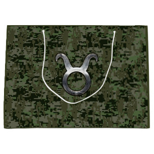 Taurus Zodiac Sign on Woodland Digital Camouflage Large Gift Bag