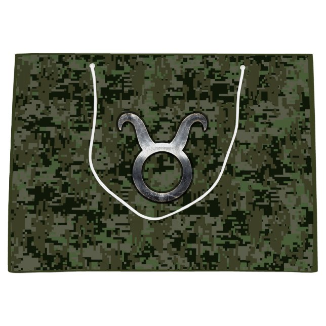 Taurus Zodiac Sign on Woodland Digital Camouflage Large Gift Bag (Front)