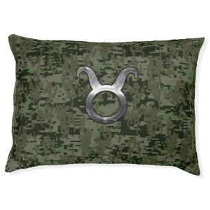 Taurus Zodiac Sign on Woodland Digital Camouflage Pet Bed