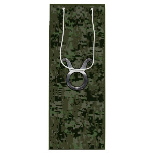 Taurus Zodiac Sign on Woodland Digital Camouflage Wine Gift Bag