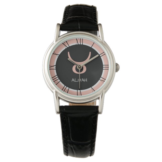 Taurus Zodiac Sign Rose Pink Gray Custom Name  Watch (Front)
