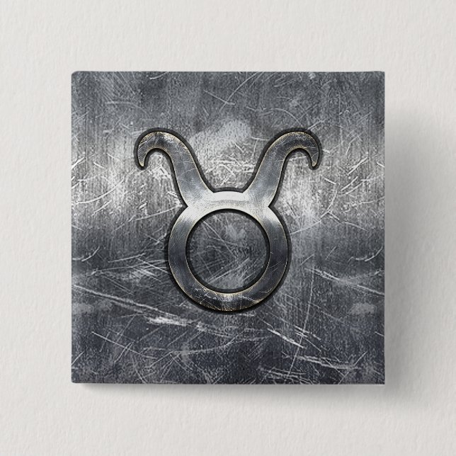 Taurus Zodiac Sign Silver Grunge Distressed Style Button (Front)